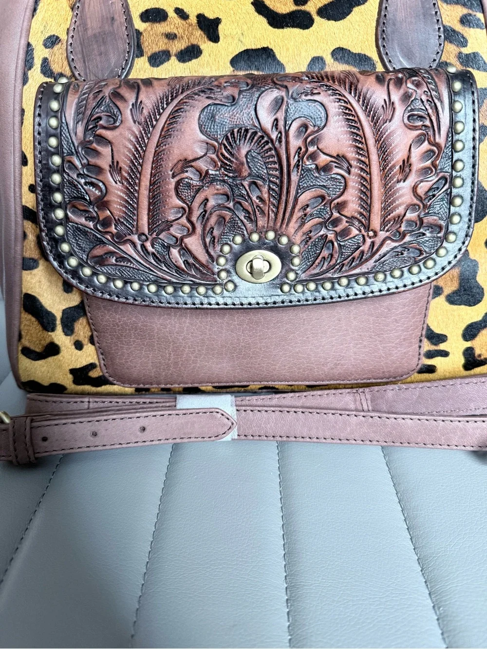 American Darling Leopard Tooled Leather Hair on Hide Cowhide Conceal Carry Bag